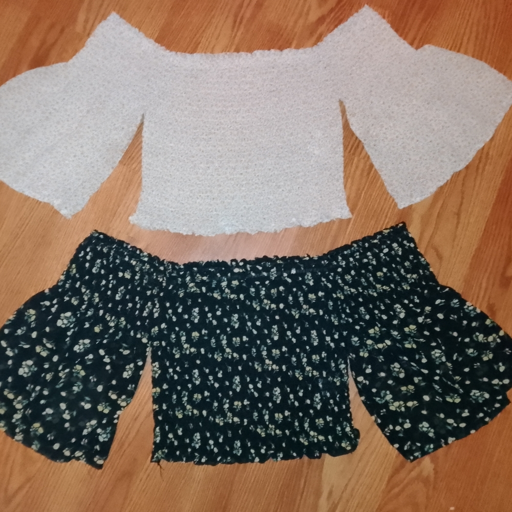 Two small crop tops off shoulder belled sleeves